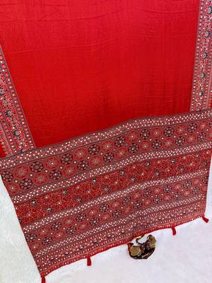 Red Color Beautiful Ajarakh print with Real mirror work and beautiful tussle Silk Blend Saree 2