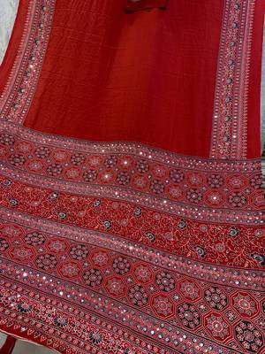 Red Color Beautiful Ajarakh print with Real mirror work and beautiful tussle Silk Blend Saree 3