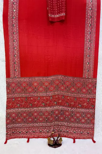 Red Beautiful Ajarakh print with mirror work and beautiful tussle Silk Blend Saree