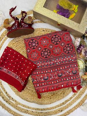 Red Color Beautiful Ajarakh print with Real mirror work and beautiful tussle Silk Blend Saree 5