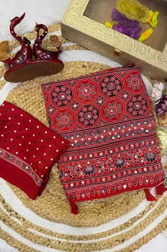 Red Beautiful Ajarakh print with mirror work and beautiful tussle Silk Blend Saree
