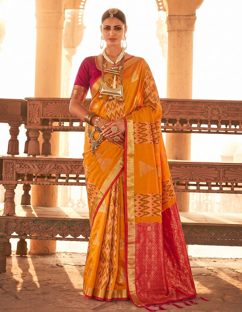 orange colour printed soft silk blend fancy saree with blouse