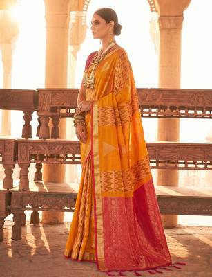 orange colour printed soft silk blend fancy saree with blouse 2