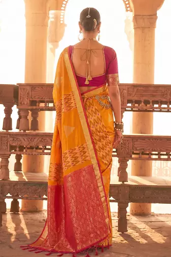 orange colour printed soft silk blend fancy saree with blouse