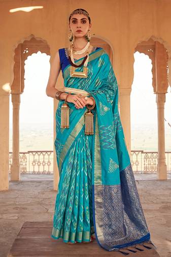 sky blue colour printed soft silk blend fancy saree with blouse