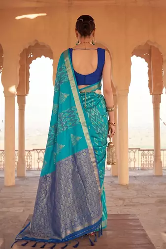 sky blue colour printed soft silk blend fancy saree with blouse