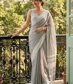 Grey cotton silk blend saree with intricate woven border