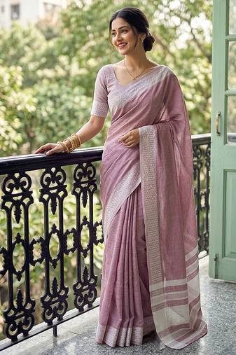 Dusty rose cotton silk blend saree with intricate woven border