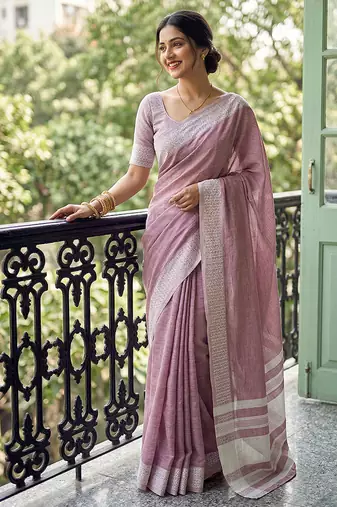 Dusty rose cotton silk blend saree with intricate woven border
