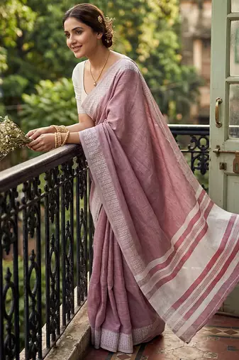 Dusty rose cotton silk blend saree with intricate woven border