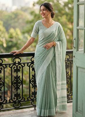 Sea green cotton silk blend saree with intricate woven border 1