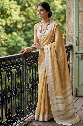 Mustard yellow cotton silk blend saree with intricate woven border
