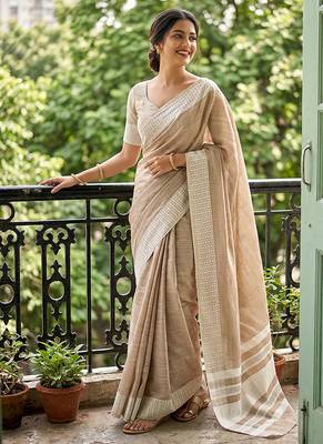 Beige cotton silk blend saree with intricate woven border 1