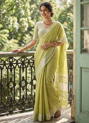 Lime green cotton silk blend saree with intricate woven border 1