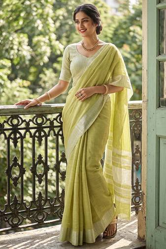 Lime green cotton silk blend saree with intricate woven border
