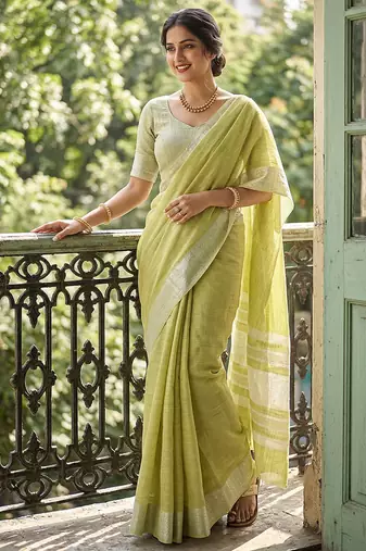 Lime green cotton silk blend saree with intricate woven border