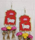 handmade cow mdf door hanging with artificial flowers traditional festive decoration pack of 2