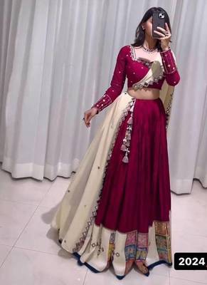 Rani Pink threadDigital print with real mirror work Rayon Lehanga Choli Set 1