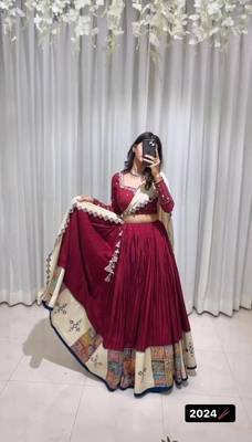 Rani Pink threadDigital print with real mirror work Rayon Lehanga Choli Set 2