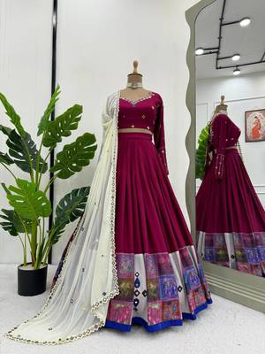 Rani Pink threadDigital print with real mirror work Rayon Lehanga Choli Set 3