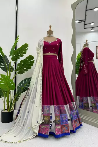 Rani Pink threadDigital print with real mirror work Rayon Lehanga Choli Set