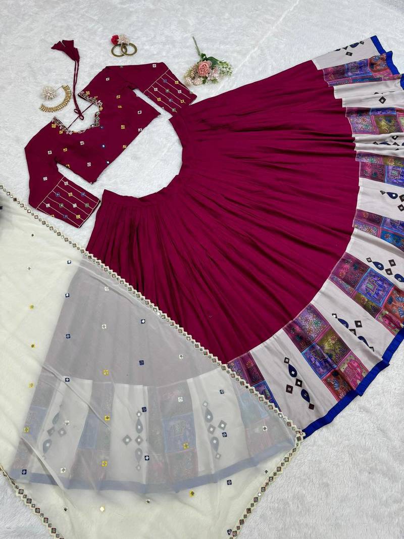 Rani Pink threadDigital print with real mirror work Rayon Lehanga Choli Set