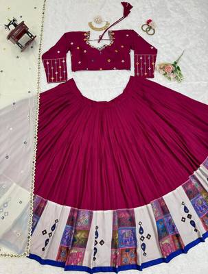 Rani Pink threadDigital print with real mirror work Rayon Lehanga Choli Set 5