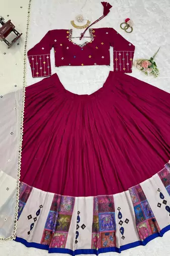 Rani Pink threadDigital print with real mirror work Rayon Lehanga Choli Set