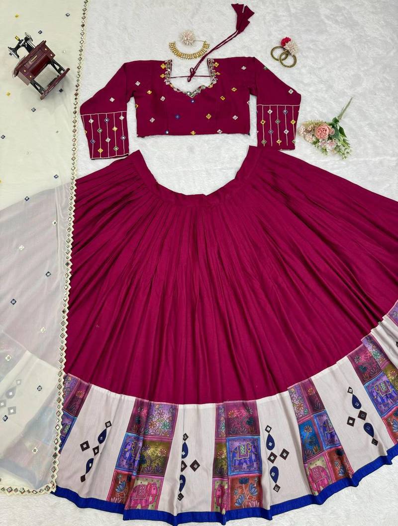 Rani Pink threadDigital print with real mirror work Rayon Lehanga Choli Set
