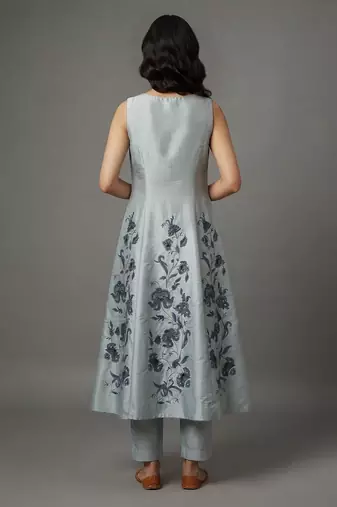 Light grey floral embroidered anarkali kurta set