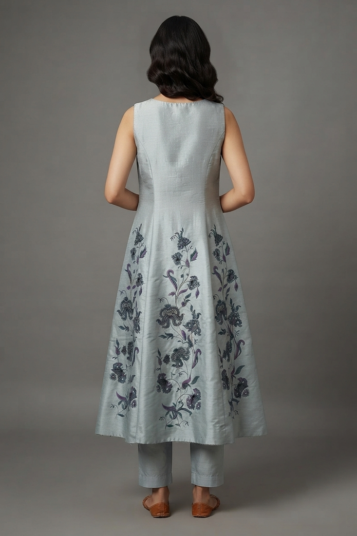 Light grey floral embroidered anarkali kurta set