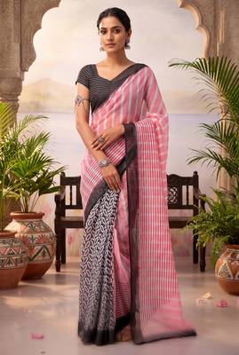 baby pink & black chanderi striped & geometric printed ready to wear saree 1
