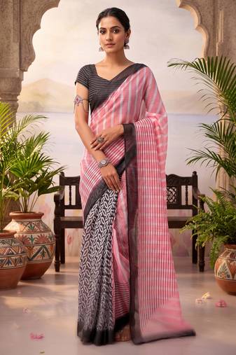 baby pink & black chanderi striped & geometric printed ready to wear saree