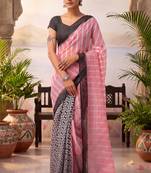 baby pink & black chanderi striped & geometric printed ready to wear saree