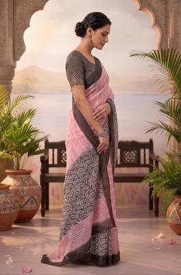 baby pink & black chanderi striped & geometric printed ready to wear saree 2