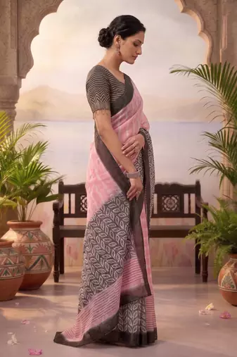 baby pink & black chanderi striped & geometric printed ready to wear saree