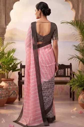 baby pink & black chanderi striped & geometric printed ready to wear saree