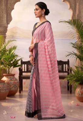 baby pink & black chanderi striped & geometric printed ready to wear saree 4