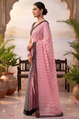 baby pink & black chanderi striped & geometric printed ready to wear saree