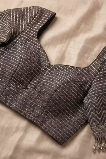 baby pink & black chanderi striped & geometric printed ready to wear saree