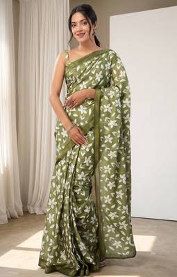 olive green & white chanderi floral printed ready to wear saree 1