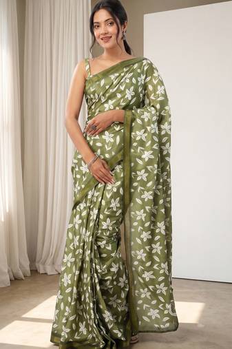 olive green & white chanderi floral printed ready to wear saree