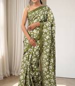 olive green & white chanderi floral printed ready to wear saree
