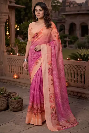 pink & peach chanderi geometric printed ready to wear saree