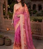 pink & peach chanderi geometric printed ready to wear saree