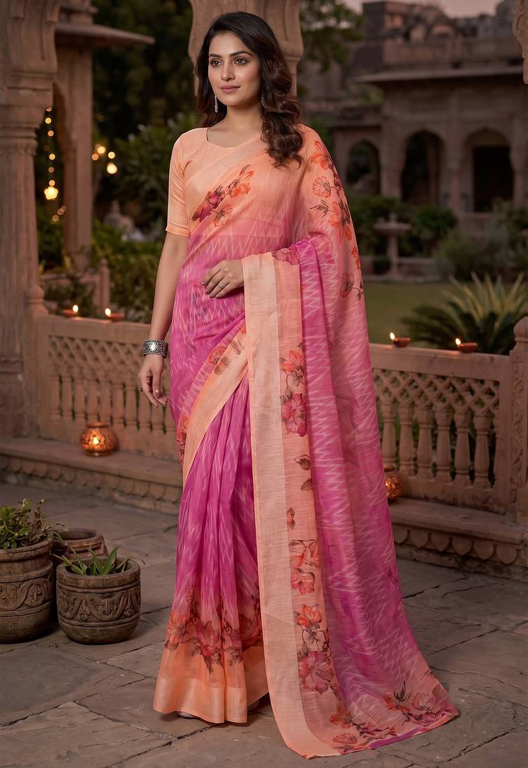 pink & peach chanderi geometric printed ready to wear saree