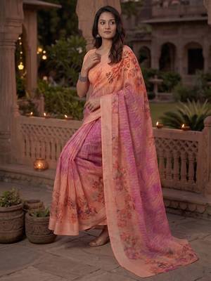 pink & peach chanderi geometric printed ready to wear saree 2