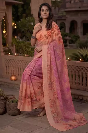 pink & peach chanderi geometric printed ready to wear saree