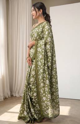 olive green & white chanderi floral printed ready to wear saree 3