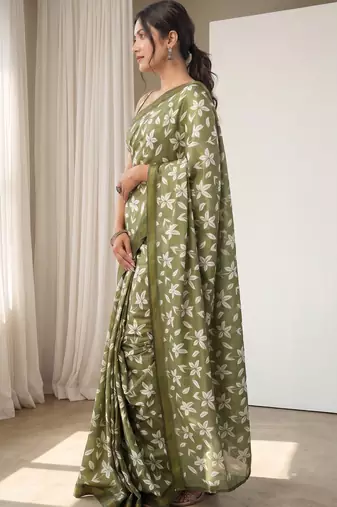 olive green & white chanderi floral printed ready to wear saree